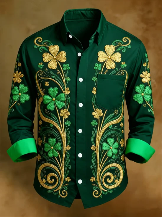 Moisture Wicking St. Patrick's Day Four-Leaf Clover Chest Pocket Holiday Long Sleeve Shirt