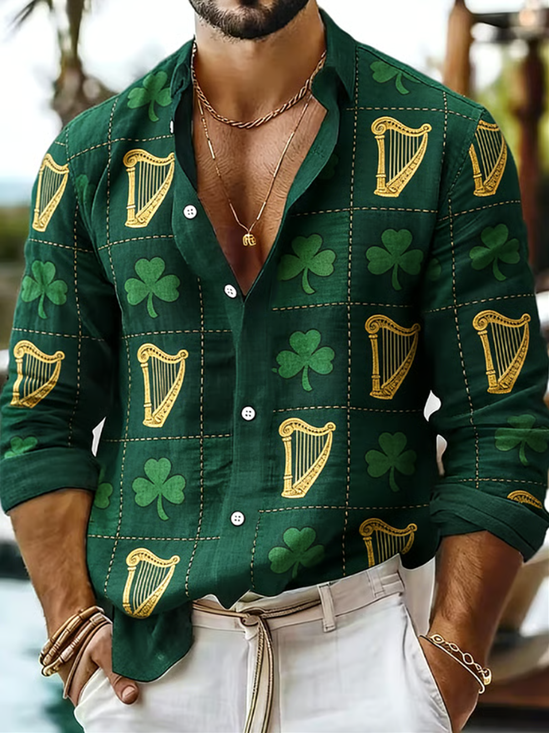 Linen Textured St. Patrick's Day Retro Check Chest Pocket Holiday Long Sleeve Shirt
