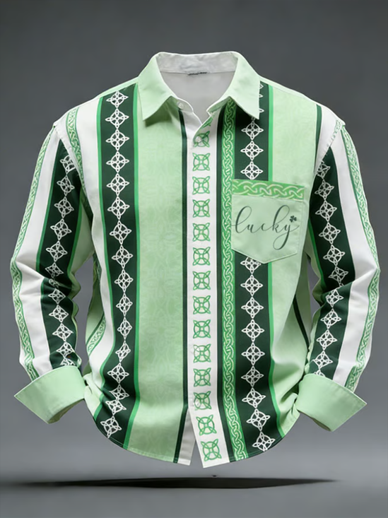 Linen Textured St. Patrick's Day Retro Striped Chest Pocket Holiday Long Sleeve Shirt