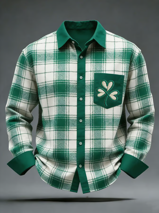 Linen Textured St. Patrick's Day Retro Check Chest Pocket Holiday Long Sleeve Shirt