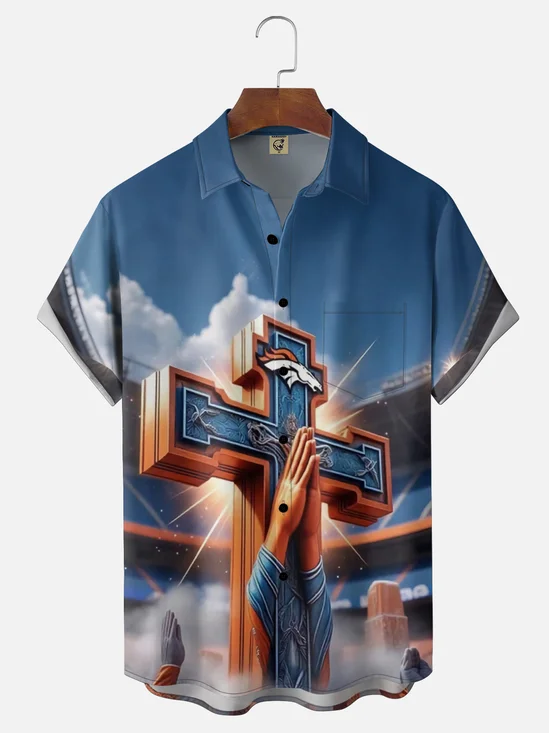 Moisture Wicking Denver Broncos Football Team Chest Pocket Holiday Hawaiian Shirt