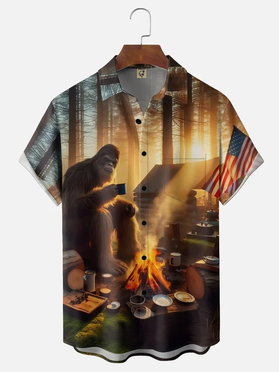 Moisture-wicking American Bigfoot Camping Chest Pocket Holiday Hawaiian Shirt