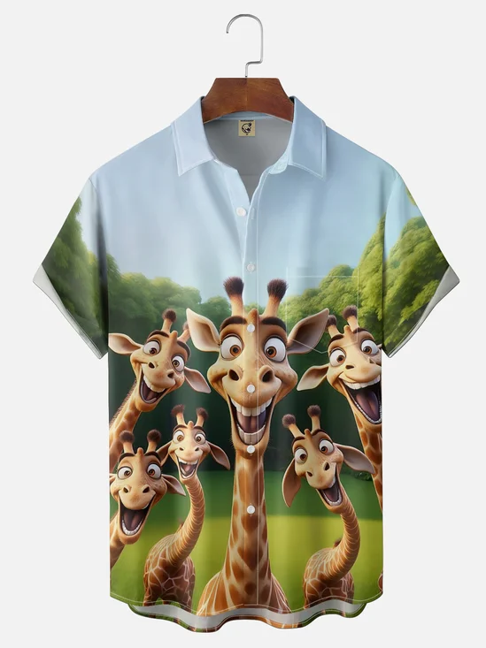 Moisture Wicking Fun Giraffe Design Chest Pocket Holiday Hawaiian Shirt