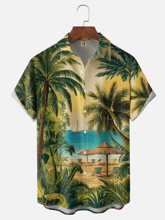 Moisture-wicking Palm Tree Chest Pocket Hawaiian Shirt