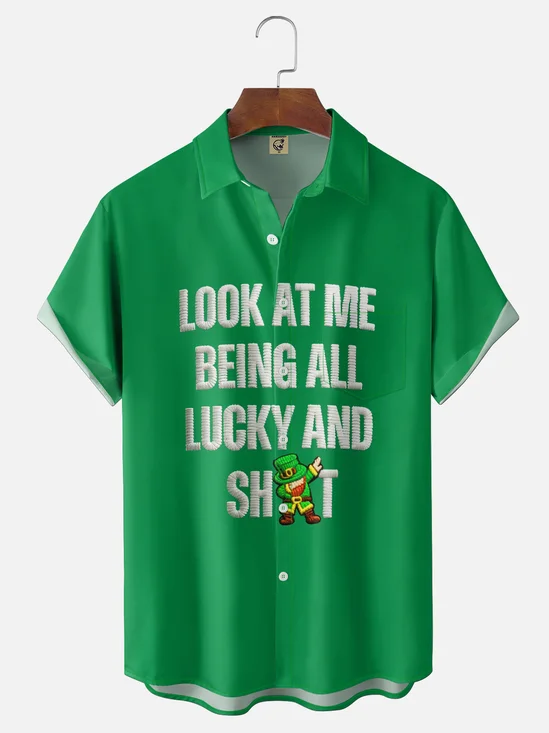 Moisture-wicking Look At Me Being All Lucky And Sh t Saint Patrick‘s Day Gnome Chest Pocket Casual Shirt