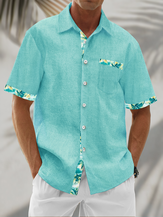 Linen Texture Botanical Floral Pattern Chest Pocket Holiday Hawaiian shirt