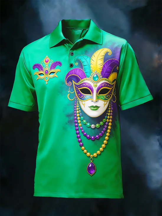 Moisture-wicking Mardi Gras Mask Feather And Bead Short Sleeved Golf Polo Shirt