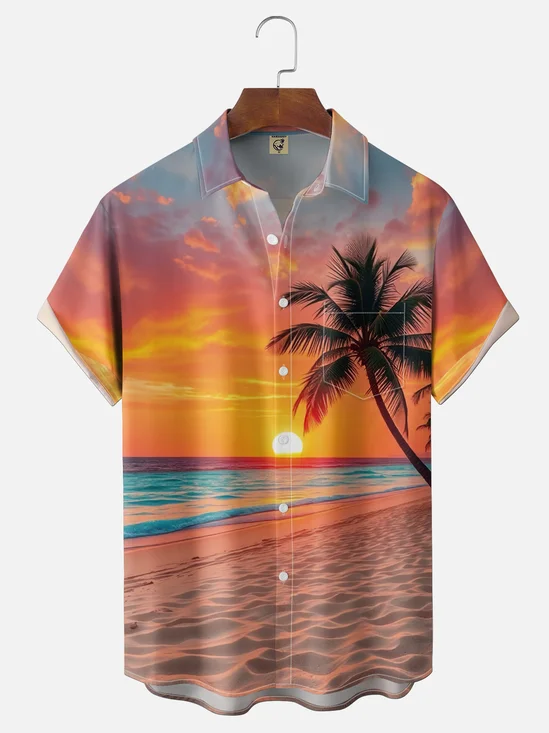 Moisture-Wicking Ocean View Palm Tree Chest Pocket Holiday Shirt