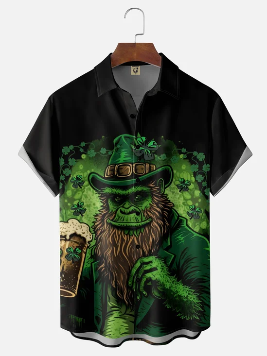 Moisture Wicking St. Patrick's Day Four-Leaf Clover Bigfoot Chest Pocket Holiday Bowling Shirt