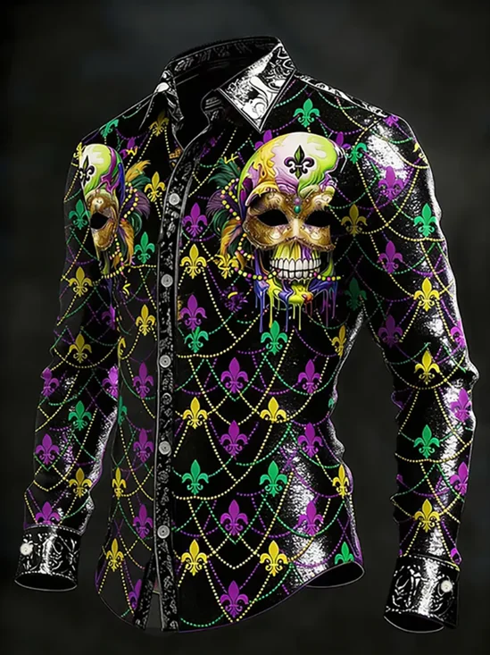 Moisture Wicking Mardi Gras Skull And Iris Holiday Long Sleeve Shirt