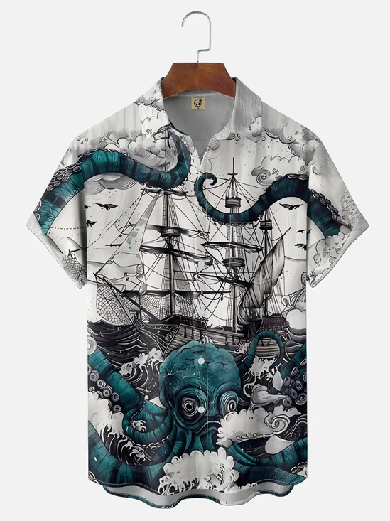 Moisture Wicking Vintage Nautical Map Octopus And Sailboat Print Chest Pocket Holiday Hawaiian Shirt