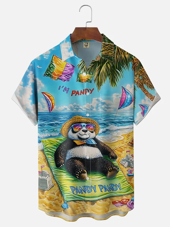 Moisture Wicking Fun Panda Design Chest Pocket Holiday Hawaiian Shirt