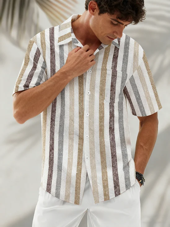 Linen Texture Classic Stripes Chest Pocket Holiday Casual Shirt