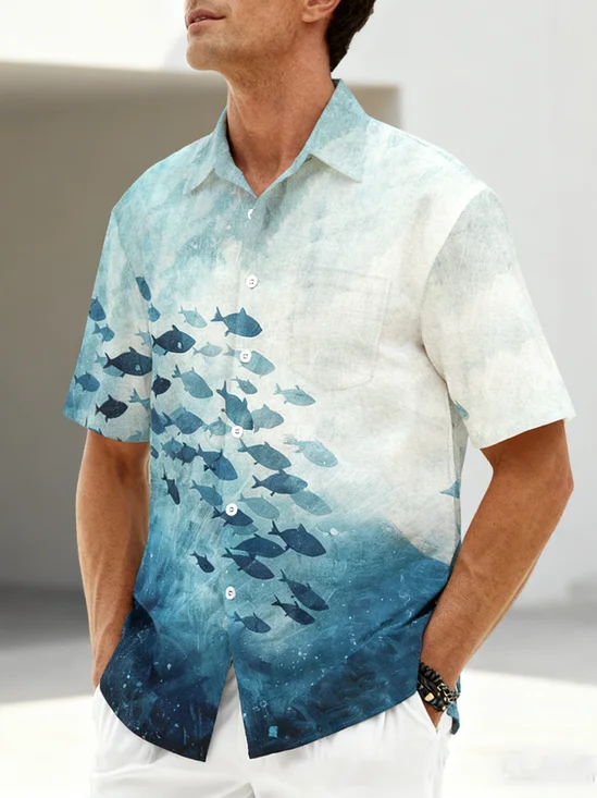 Linen Texture Gradient Art Fish Chest Pocket Holidays Casual Shirt