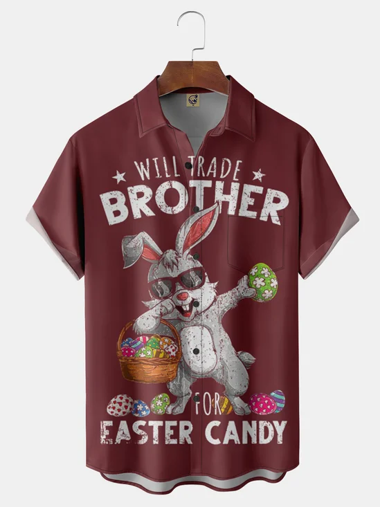 Moisture-Wicking Easter Bunny Easter Egg Text Letter Chest Pocket Holiday Shirt