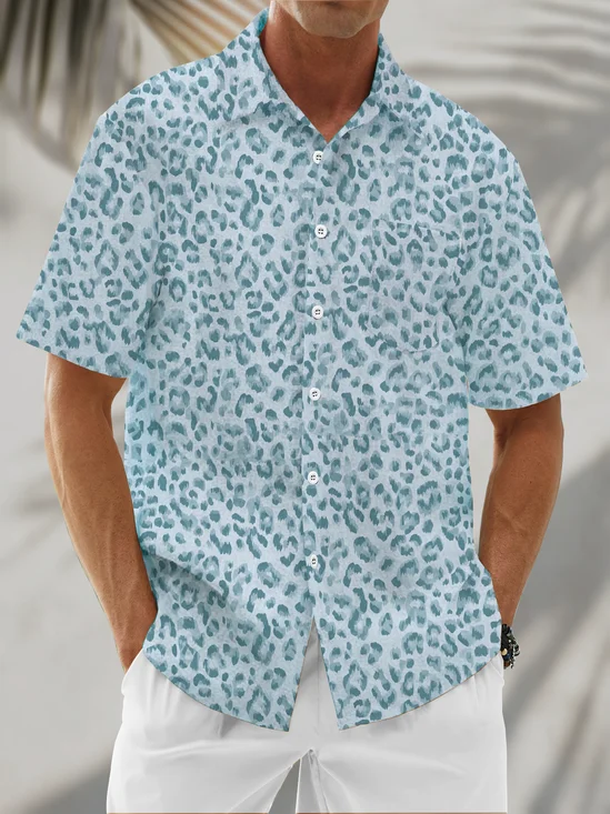 Linen Texture Leopard Print Chest Pocket Short Sleeved Holiday Casual Shirt