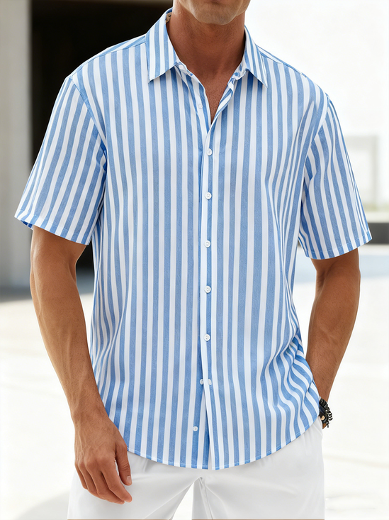 Linen Texture Classic Stripes Chest Pocket Holiday Casual Shirt
