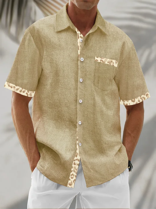 Linen Texture Solid Color Patchwork With Leopard Print Chest Pocket Short Sleeved  Holidays Casual Shirtr