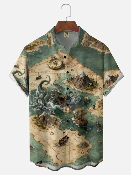 Moisture-wicking Map Monsters Pirate Ship Chest Pocket Casual Shirt