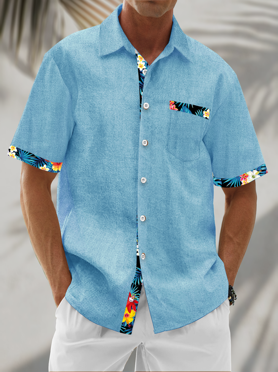 Moisture Wicking Solid Color With Floral Patchwork Chest Pocket Holiday Hawaiian Shirt