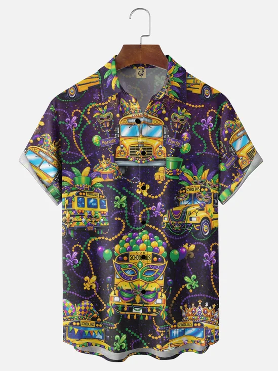 Moisture-wicking Mardi Gras Bus Bead Mask Chest Pocket Casual Shirt
