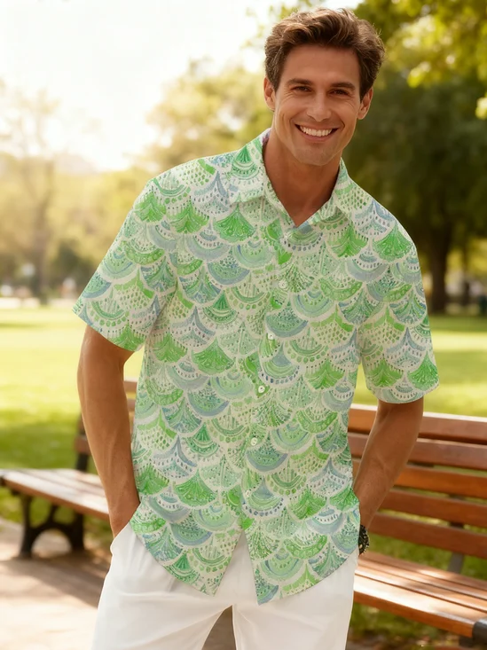 Linen Texture Gradient Art Floral Pattern chest Pocket Short Sleeved Holiday Casual Shirt