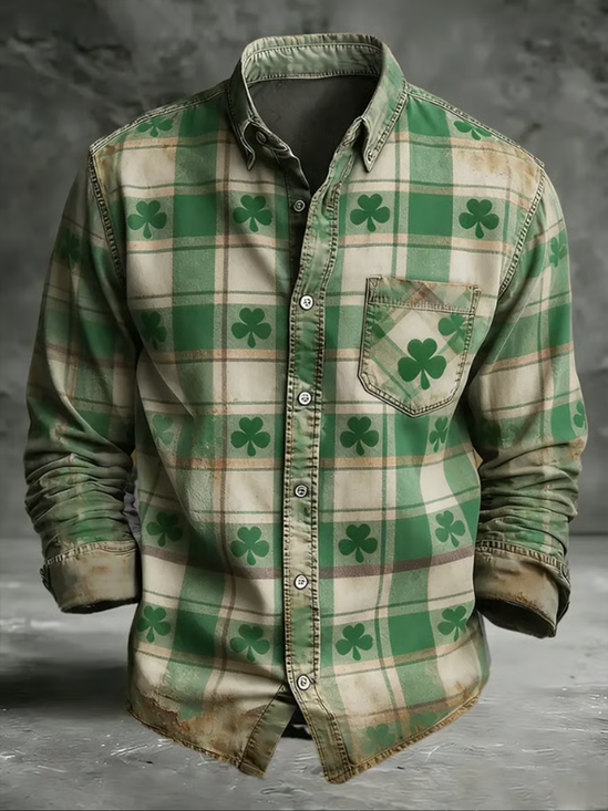 Moisture Wicking St. Patrick's Day Retro Plaid Chest Pocket Holiday Long Sleeve Shirt