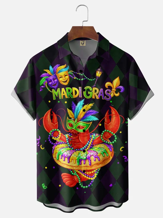 Moisture-Wicking Mardi Gras Carnival Lobster Mask Feather Chest Pocket Holiday Shirt