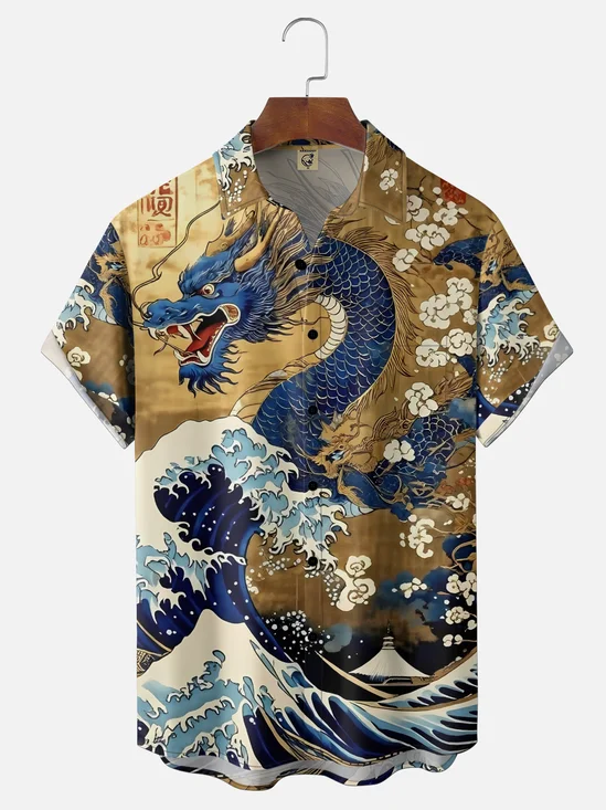 Moisture-Wicking Gradient Color Ukiyo-E  Dragon Print Chest Pocket Holiday Shirt