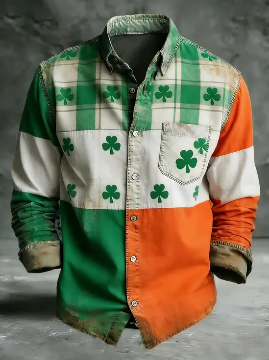 Moisture Wicking St. Patrick's Day Lucky Clover Chest Pocket Holiday Long Sleeved Shirt
