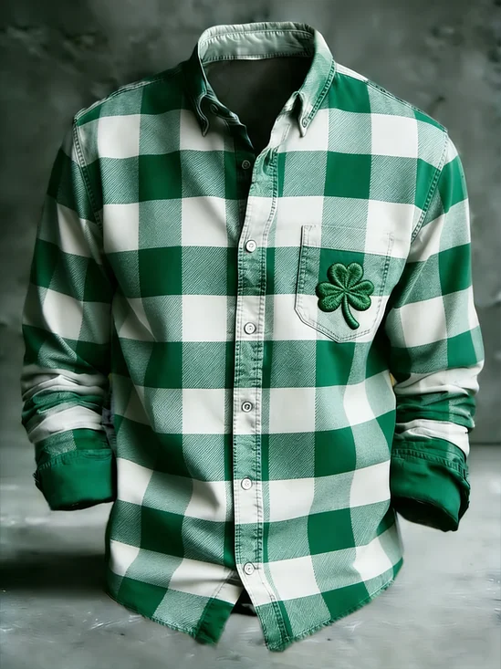 Moisture Wicking St. Patrick's Day Checkered Clover Chest Pocket Holiday Long Sleeved Shirt