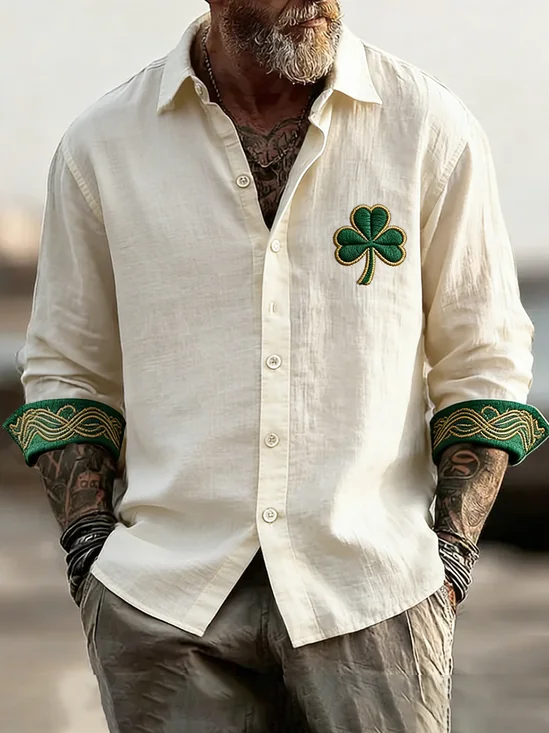 Moisture Wicking St. Patrick's Day Lucky Clover Chest Pocket Holiday Long Sleeved Shirt