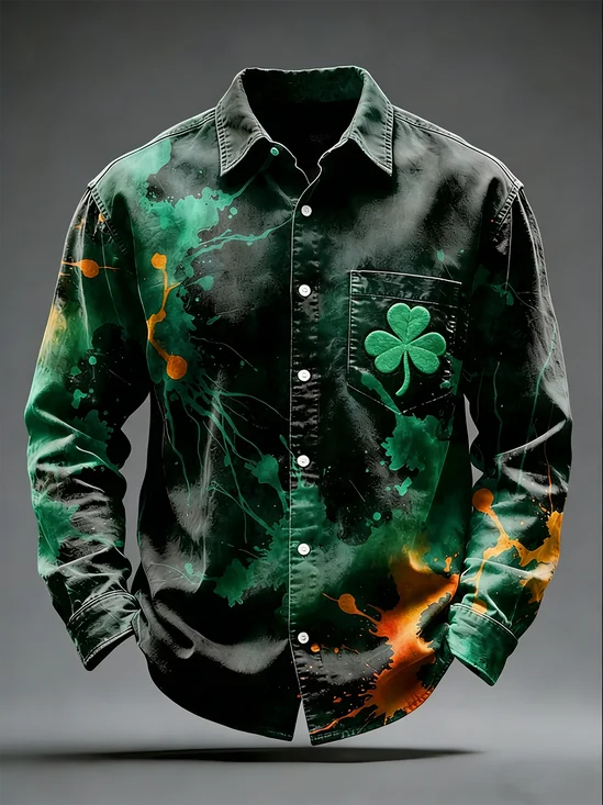 Moisture Wicking St. Patrick's Day Gradient Clover Chest Pocket Holiday Long Sleeved Shirt