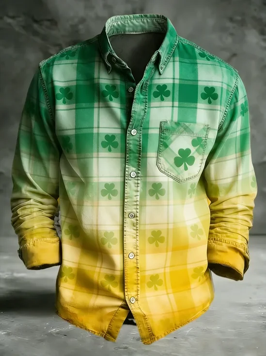 Moisture Wicking St. Patrick's Day Retro Plaid Chest Pocket Holiday Long Sleeve Shirt