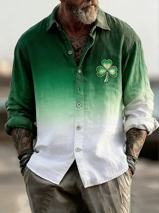 Moisture Wicking St. Patrick's Day Lucky Clover Chest Pocket Holiday Long Sleeved Shirt