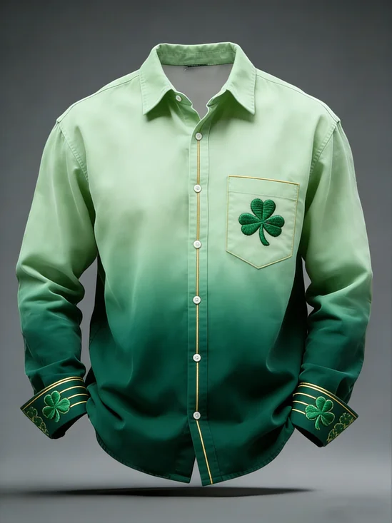 Moisture Wicking St. Patrick's Day Gradient Lucky Clover Chest Pocket Holiday Long Sleeved Shirt