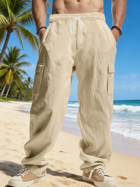 Cotton And Linen Holiday Casual Workwear With Pockets Trousers