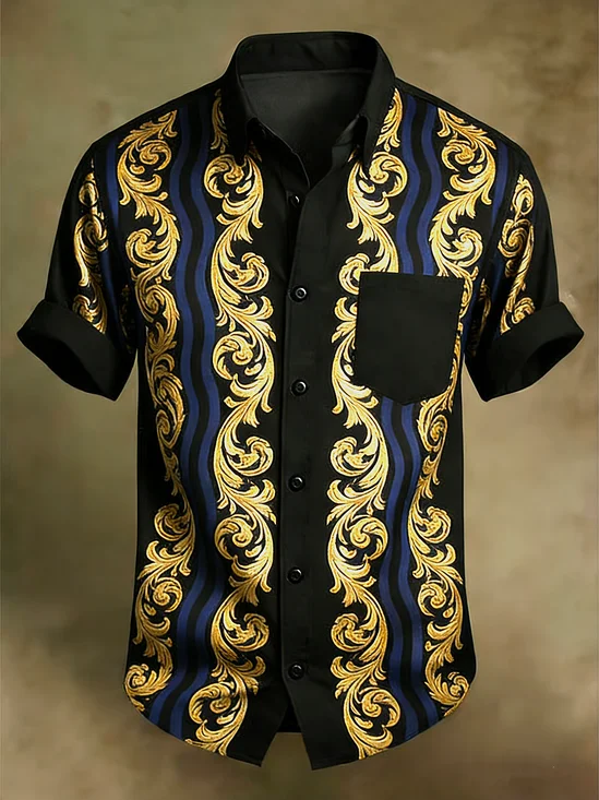 Moisture-wicking Floral Striped Chest Pocket Casual Shirt