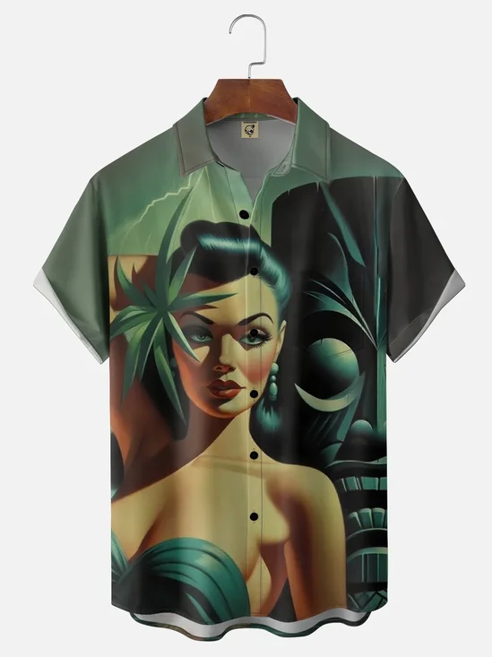 Moisture Wicking Retro Beauty TiKi Chest Pocket Holiday Shirt