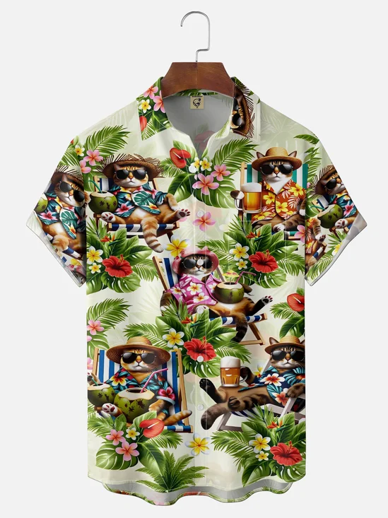 Moisture Wicking Tropical Plants Flowers Relaxing Cat Chest Pocket Holiday Shirt