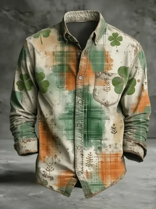 Moisture Wicking St. Patrick's Day Lucky Clover Chest Pocket Holiday Long Sleeved Shirt