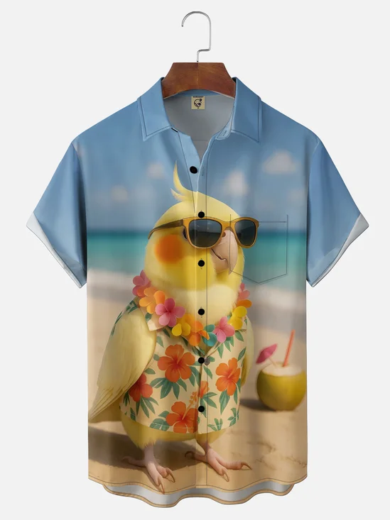 Moisture Wicking Beach Parrot Chest Pocket Holiday Shirt