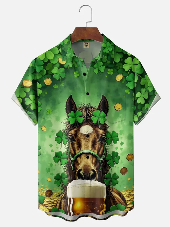Moisture-wicking St. Patrick's Day Horse Beer Chest Pocket Casual Shirt