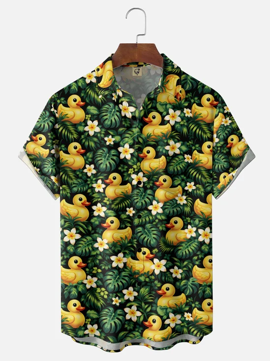Moisture Wicking Tropical Plants Flowers Little Yellow Duck Chest Pocket Holiday Shirt