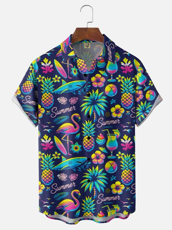 Moisture Wicking Gradient Flamingo Shark Pineapple Leaves Chest Pocket Holiday Shirt