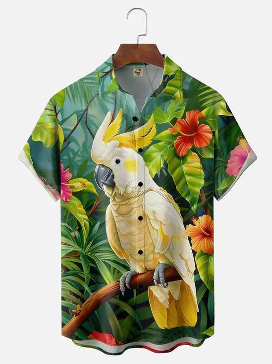 Moisture Wicking Parrot Tropical Plants Leaves Chest Pocket Holiday Shirt