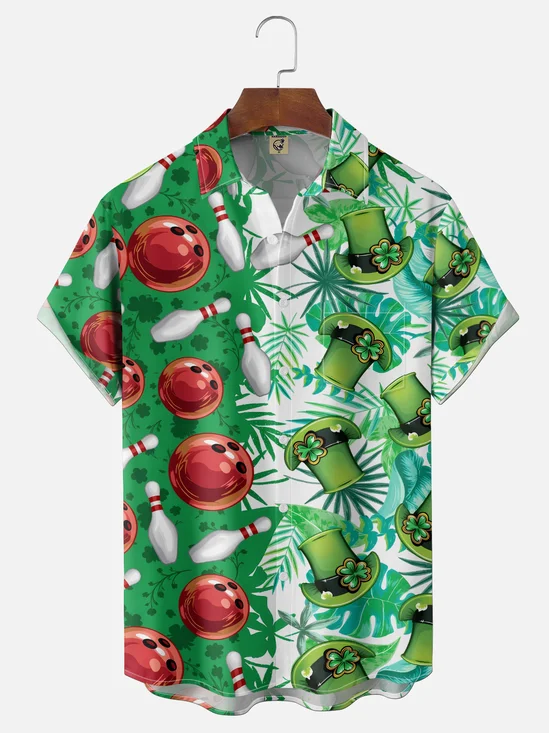 Moisture Wicking St. Patrick's Day Clover Bowling Ball Leaves Chest Pocket Holiday Shirt