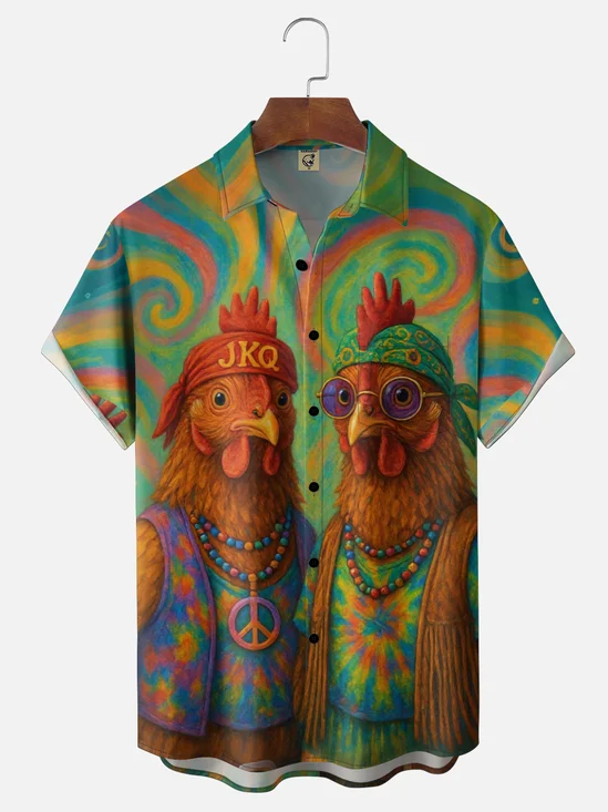 Moisture Wicking Hippie Style Colorful Dizzying Chicken Chest Pocket Holiday Shirt