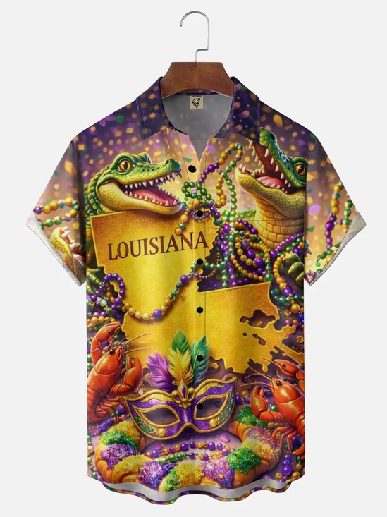 Moisture-wicking Mardi Gras Crocodile Mask Shrimp Chest Pocket Casual Shirt