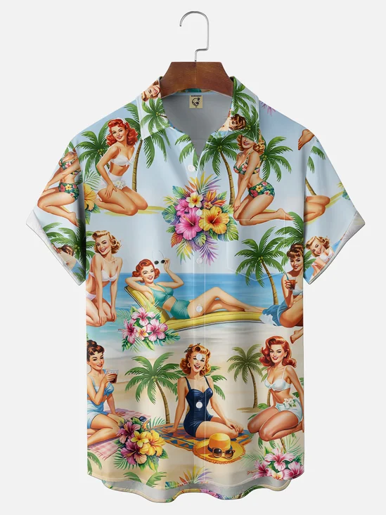 Moisture Wicking Retro Beauty Beach Flowers Coconut Trees Chest Pocket Holiday Shirt